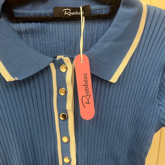 CHIC CONTRAST COLLARED SHORT SLEEVE HALF BUTTON RIB KNIT SWEATER MIDI DRESS - Picture 5 of 7